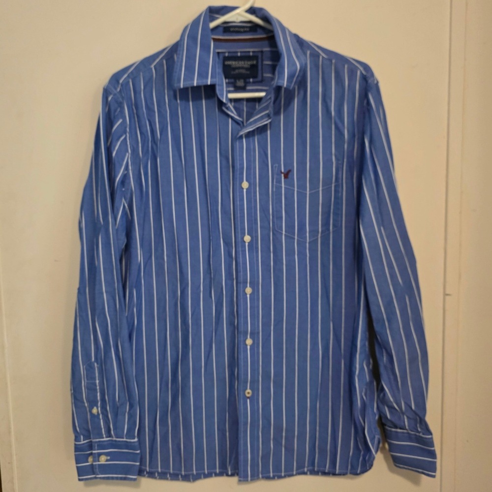 American Eagle Mens Button Down Shirt Size Large Blue White Striped Preppy